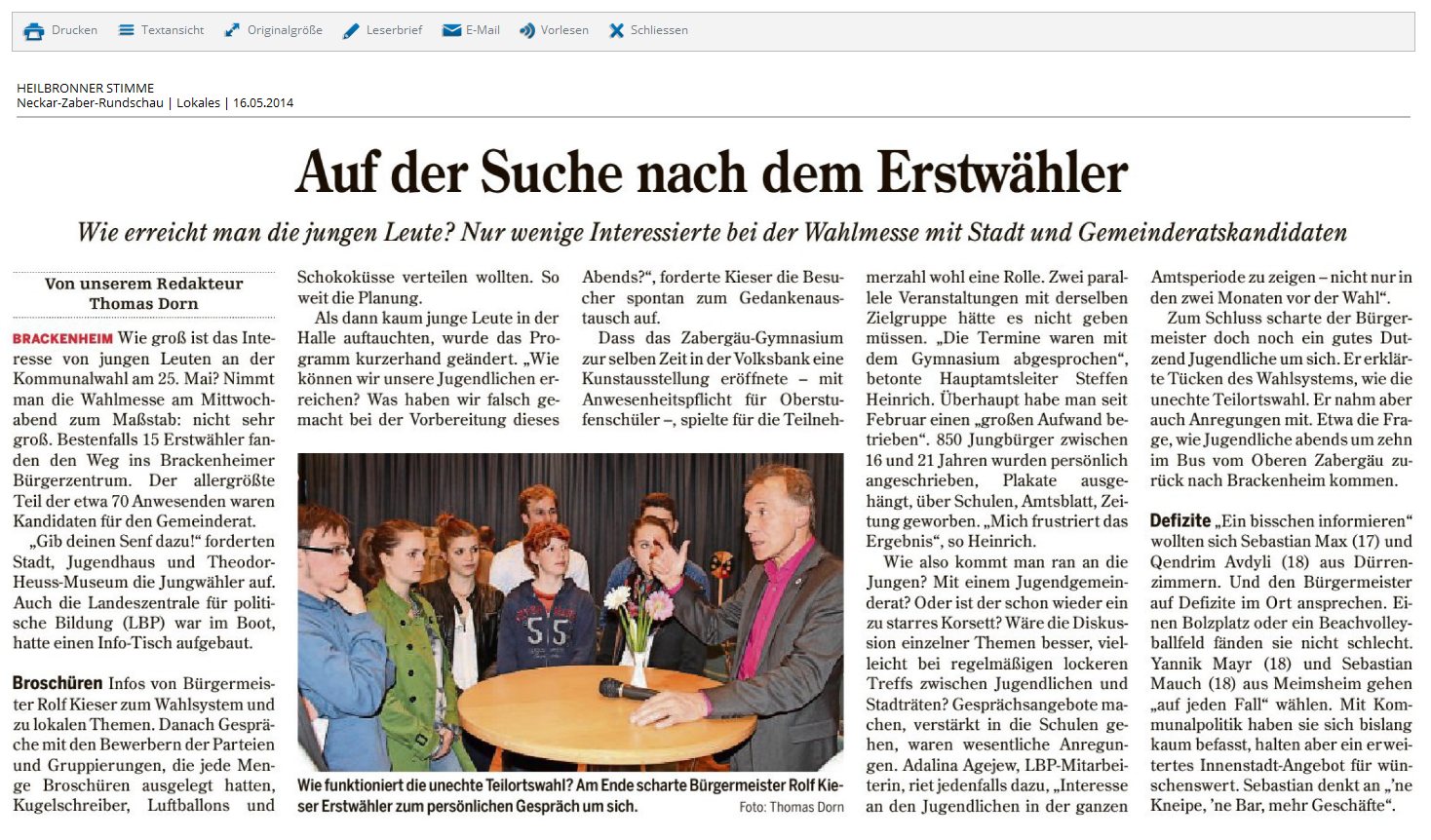 | Auf der Suche nach dem Erstwähler -Bericht Heilbronner Stimme v. 16.06.2014