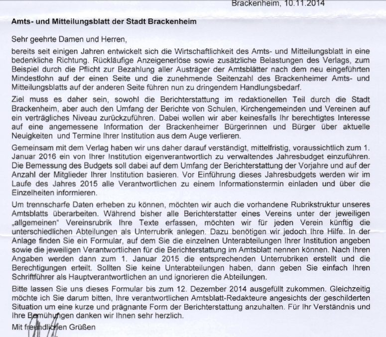Stadtverwaltung Brackneheim -Anschreiben an die Vereine 11/2014